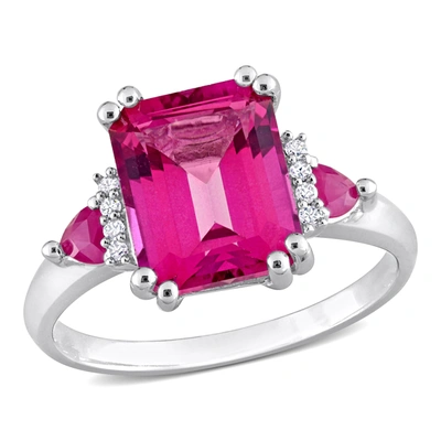 MIMI & MAX WOMENS 4 1/2CT TGW OCTAGON-CUT PINK TOPAZ & TRILLIANT-CUT RUBY DIAMOND ACCENT 3-STONE RING IN STERLI