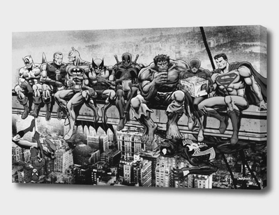 CURIOOS MARVEL & DC SUPERHEROES LUNCH ATOP A SKYSCRAPER -B/W EDITION