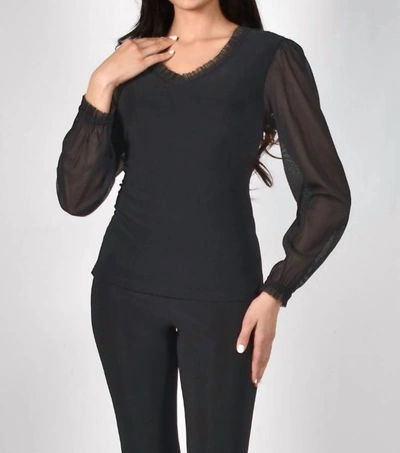 FRANK LYMAN SHEER SLEEVE RUFFLE V NECK TOP IN BLACK