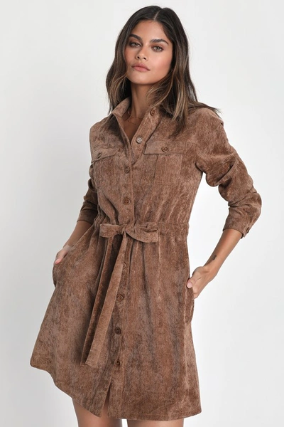 LULUS SIMPLE AFFECTION BROWN CORDUROY MINI DRESS WITH POCKETS