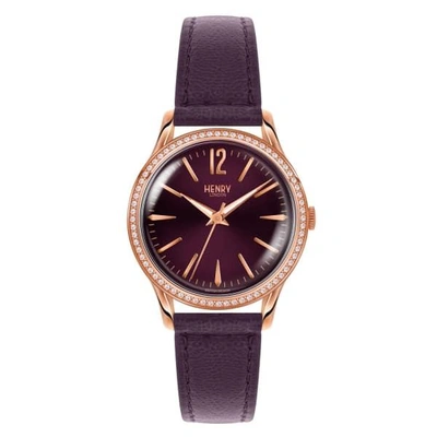 HENRY LONDON Ladies 34mm Hampstead Leather Watch With Purple Dial and Stone set Bezel