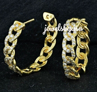NSG 2 CT 100% GENUINE MOISSANITE CUBAN LINK HOOP EARRING YELLOW GOLD PLATED SILVER