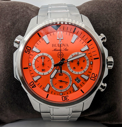 BULOVA BULOVA ORANGE DIAL MARINE STAR SILVER TONE STAINLESS STEEL MEN'S WATCH 96B395