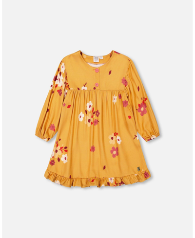 DEUX PAR DEUX GIRL 3/4 PUFFY SLEEVE WOVEN TUNIC TOP YELLOW OCHRE FLOWER PRINT