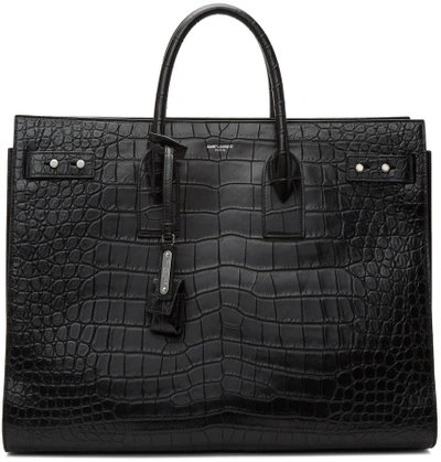 SAINT LAURENT Black Croc Large Sac De Jour Tote