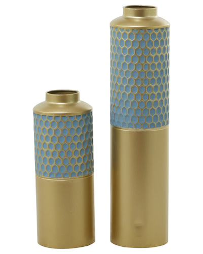 COSMOLIVING BY COSMOPOLITAN COSMOLIVING BY COSMOPOLITAN SET OF 2 LIGHT BLUE METAL HONEYCOMB VASE