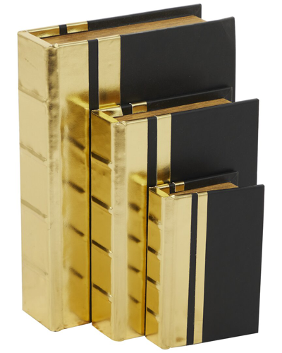 COSMOLIVING BY COSMOPOLITAN COSMOLIVING BY COSMOPOLITAN SET OF 3 GOLD FAUX LEATHER FAUX STORAGE BOOK BOX WITH BLACK COVER AND ST
