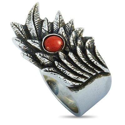 KING BABY RAVEN WING STERLING SILVER AND CORAL CABOCHON RING