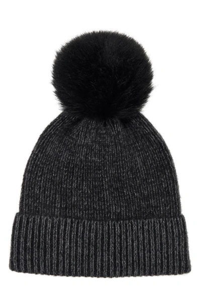 STEWART OF SCOTLAND TWO-TONE RIB KNIT BEANIE WITH GENUINE SHEARLING POM