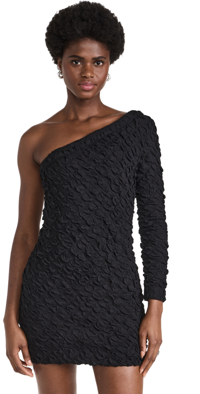 DUR DOUX ONE SLEEVE PUCKERED MINI DRESS BLACK