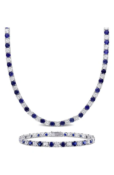 DELMAR DELMAR LAB CREATED SAPPHIRE & WHITE TOPAZ TENNIS NECKLACE & BRACELET SET
