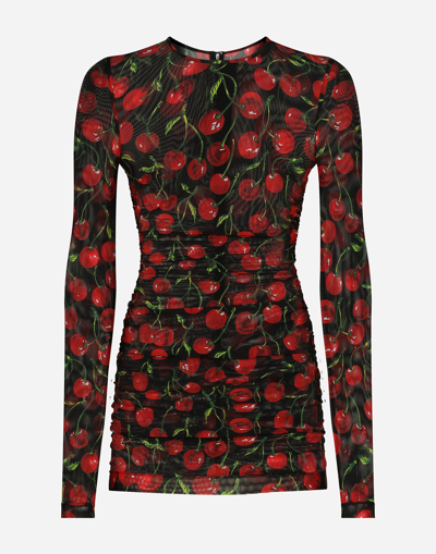 DOLCE & GABBANA LONG-SLEEVED TULLE TOP WITH CHERRY PRINT AND DRAPING