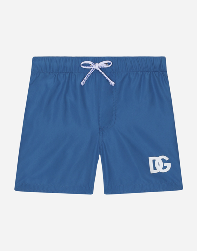 DOLCE & GABBANA NYLON SWIM TRUNKS WITH DG LOGO PRINT