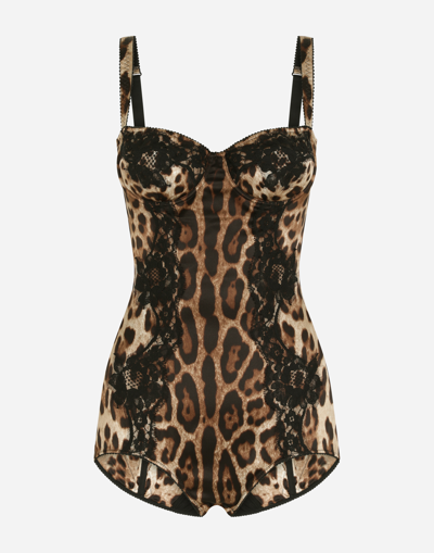 DOLCE & GABBANA SILK BALCONETTE LINGERIE BODYSUIT WITH LEOPARD-PRINT LACE DETAILS