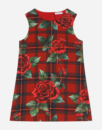 DOLCE & GABBANA SLEEVELESS DRESS WITH TARTAN AND ROSE PRINT