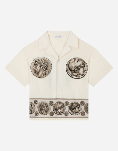 DOLCE & GABBANA SHORT-SLEEVED POPLIN SHIRT WITH COIN PRINT
