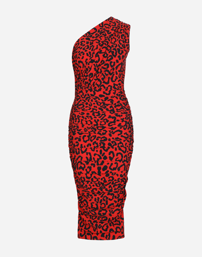 DOLCE & GABBANA ONE-SHOULDER LEOPARD-PRINT JERSEY DRESS