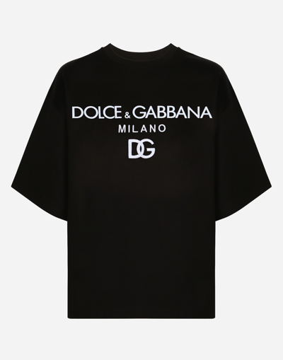 DOLCE & GABBANA JERSEY T-SHIRT WITH FLOCKED LOGO PRINT