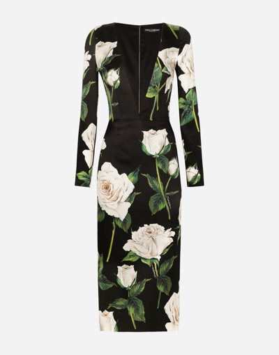 DOLCE & GABBANA SATIN CALF-LENGTH DRESS WITH WHITE ROSE PRINT