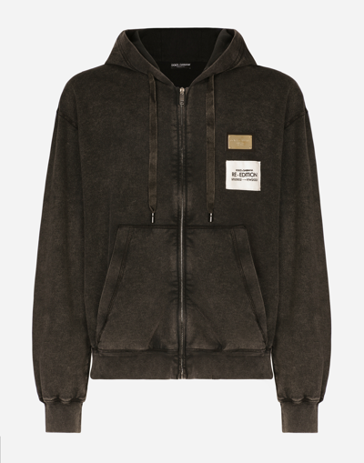 DOLCE & GABBANA WASHED JERSEY HOODIE WITH LOGO ZIPPER