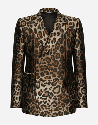 DOLCE & GABBANA DOUBLE-BREASTED LEOPARD-DESIGN JACQUARD SICILIA-FIT SUIT