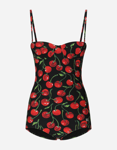 DOLCE & GABBANA CHERRY-PRINT BALCONETTE ONE-PIECE SWIMSUIT
