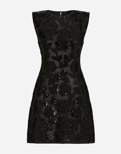 DOLCE & GABBANA SHORT MARQUISETTE DRESS WITH PATENT FLORAL EMBELLISHMENT