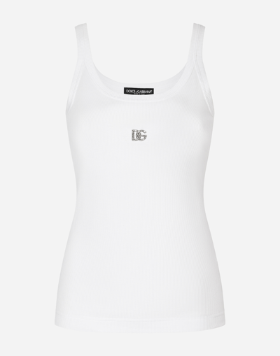 DOLCE & GABBANA FINE-RIB TANK TOP WITH CRYSTAL DG LOGO