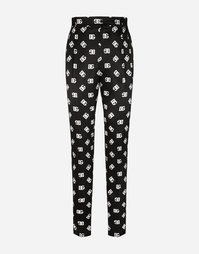 DOLCE & GABBANA SILK TWILL PANTS WITH DG MONOGRAM PRINT