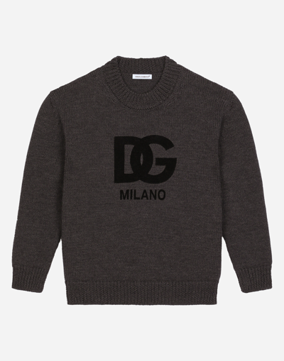 DOLCE & GABBANA WOOL ROUND-NECK SWEATER WITH FLOCKED DG LOGO