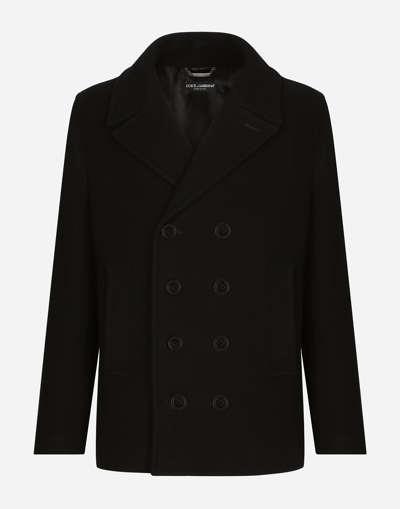 DOLCE & GABBANA DOUBLE-BREASTED WOOL PEA COAT WITH BRANDED TAG