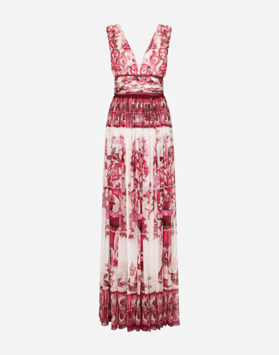 DOLCE & GABBANA LONG MAJOLICA-PRINT CHIFFON DRESS