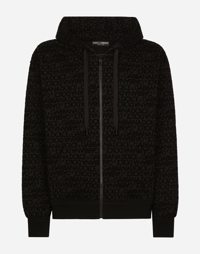 DOLCE & GABBANA JERSEY ZIP-UP HOODIE WITH FLOCKED LOGO