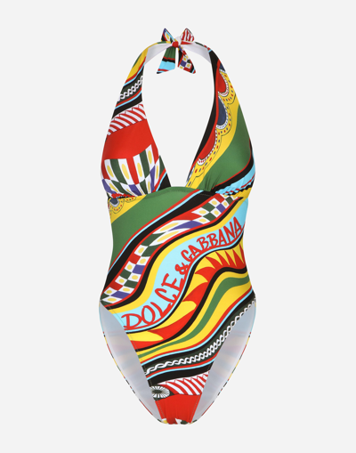 DOLCE & GABBANA CARRETTO-PRINT ONE-PIECE SWIMSUIT WITH PLUNGING NECKLINE