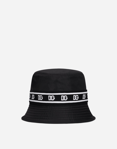 DOLCE & GABBANA NYLON BUCKET HAT WITH BRANDED-BAND PRINT