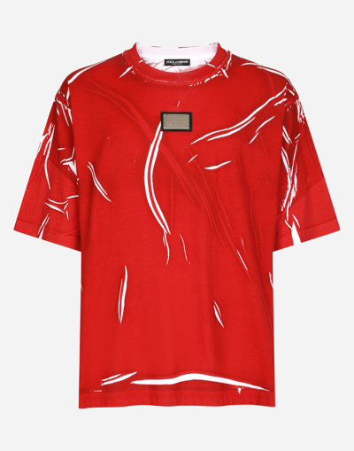 DOLCE & GABBANA OVERDYED COTTON T-SHIRT WITH BRANDED TAG