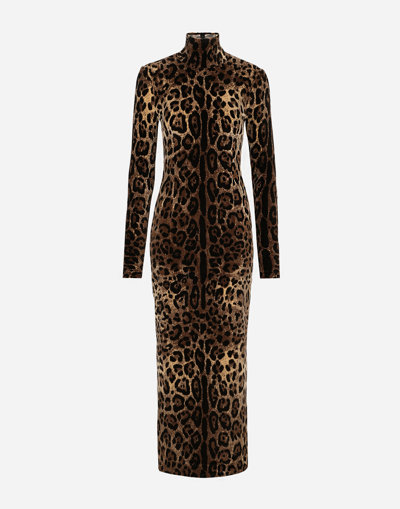 DOLCE & GABBANA LONG CHENILLE DRESS WITH JACQUARD LEOPARD DESIGN