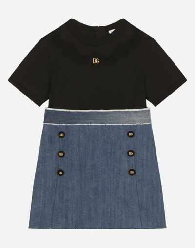 DOLCE & GABBANA STRETCH DENIM AND JERSEY DRESS WITH DG LOGO