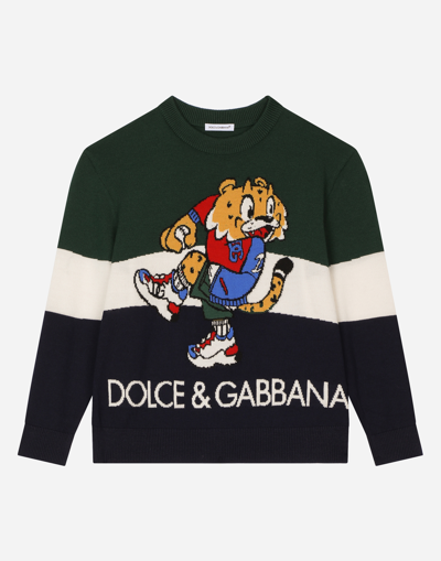 DOLCE & GABBANA WOOL JACQUARD SWEATER WITH MASCOT DESIGN