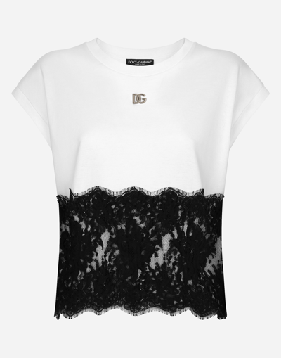 DOLCE & GABBANA JERSEY T-SHIRT WITH DG LOGO AND LACE DETAILS