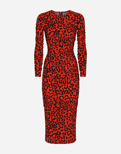 DOLCE & GABBANA LEOPARD-PRINT JERSEY CALF-LENGTH DRESS