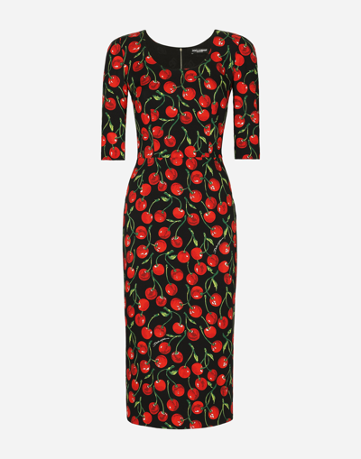 DOLCE & GABBANA CHERRY-PRINT CHARMEUSE CALF-LENGTH DRESS