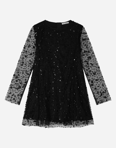 DOLCE & GABBANA LONG-SLEEVED TULLE DRESS WITH FUSIBLE RHINESTONES