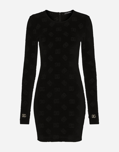 DOLCE & GABBANA SHORT FLOCKED JERSEY DRESS WITH ALL-OVER DG LOGO
