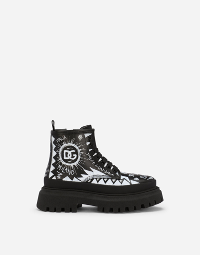 DOLCE & GABBANA CALFSKIN COMBAT BOOTS WITH GRAFFITI PRINT