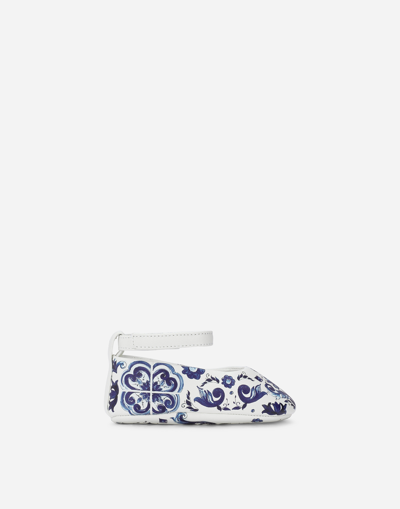 DOLCE & GABBANA NAPPA LEATHER NEWBORN BALLET FLATS WITH MAJOLICA PRINT