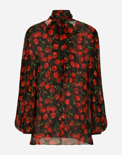 DOLCE & GABBANA CHERRY-PRINT CHIFFON PUSSY-BOW BLOUSE