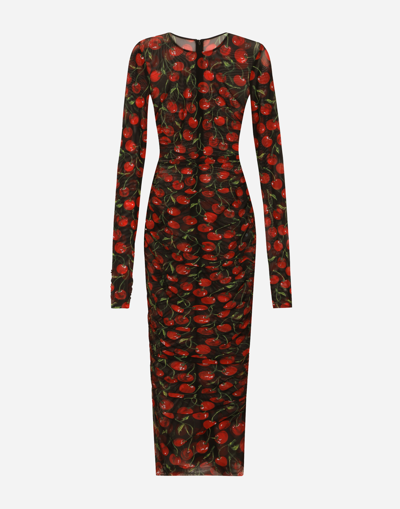 DOLCE & GABBANA CHERRY-PRINT TULLE CALF-LENGTH DRESS WITH DRAPING