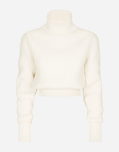 DOLCE & GABBANA WOOL FISHERMAN’S RIB TURTLE-NECK SWEATER WITH DG LOGO
