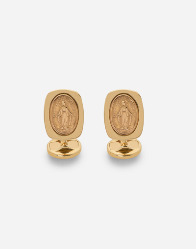 DOLCE & GABBANA DEVOTION YELLOW GOLD CUFFLINKS WITH A RED GOLD VIRGIN MARY MEDALLION